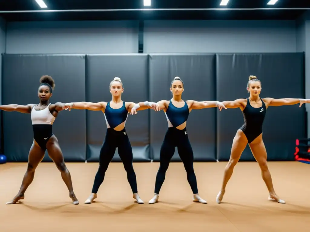 Gimnastas en pleno vuelo, mostrando expresiones intensas y una respiración controlada, en un gimnasio moderno