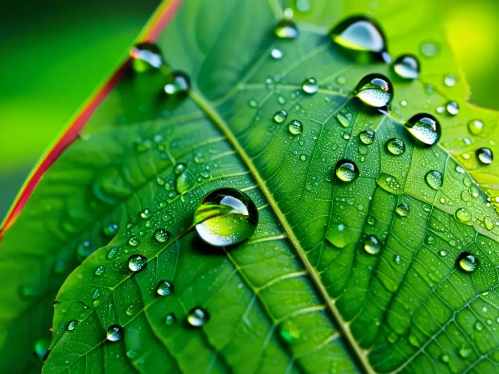 Gotas de agua en hoja verde vibrante, reflejando la naturaleza