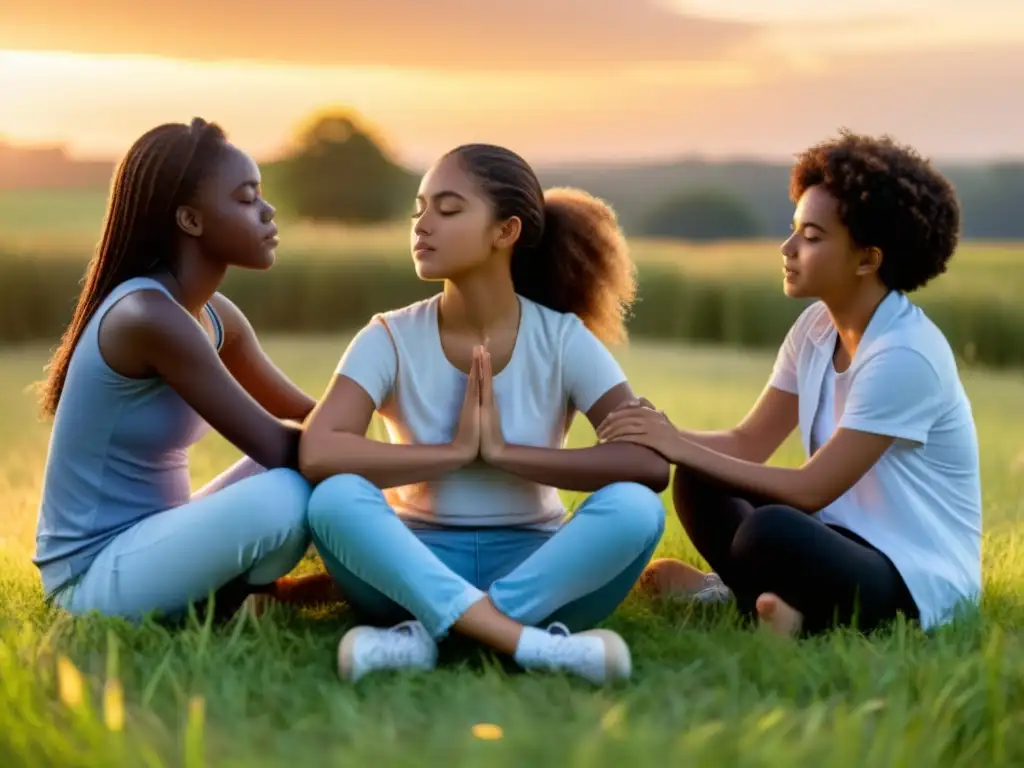 Un grupo de adolescentes practica respiración controlada en un campo al atardecer, reduciendo ansiedad