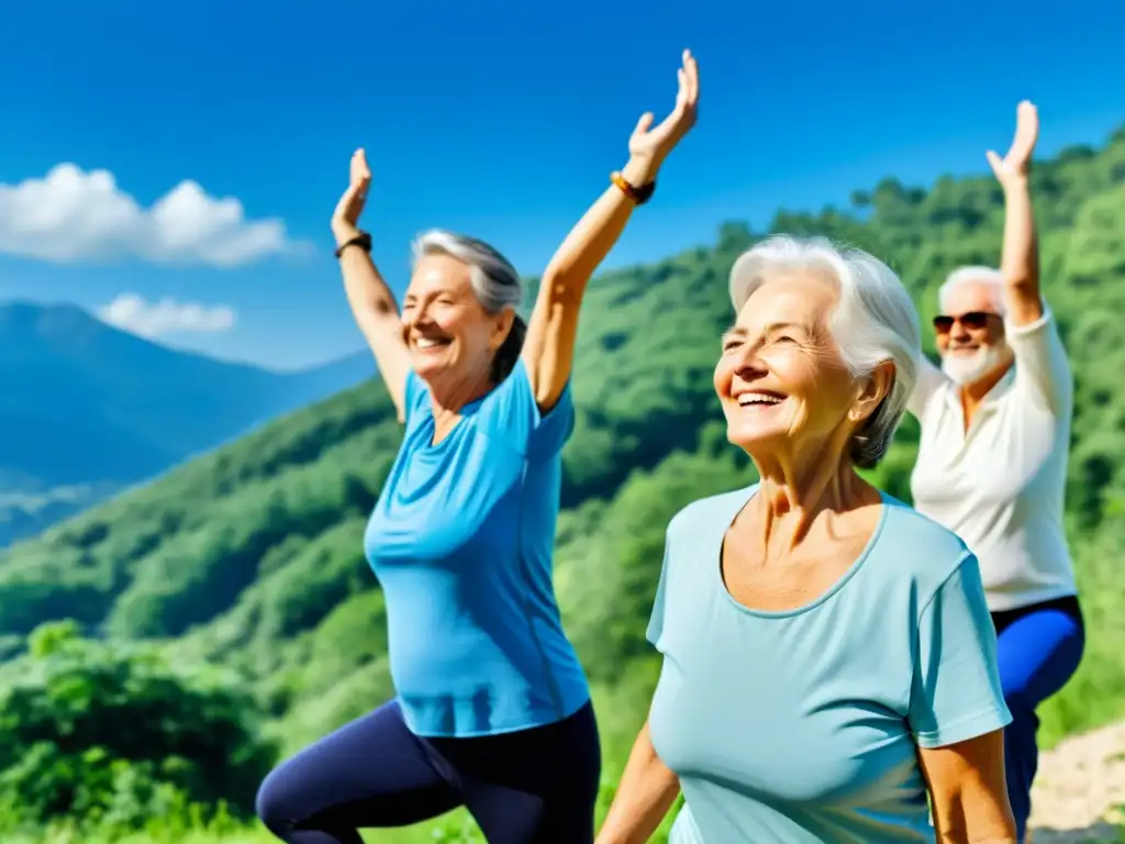 Un grupo de adultos mayores disfrutando de actividades al aire libre, mostrando vitalidad y salud, en un entorno natural sereno y saludable