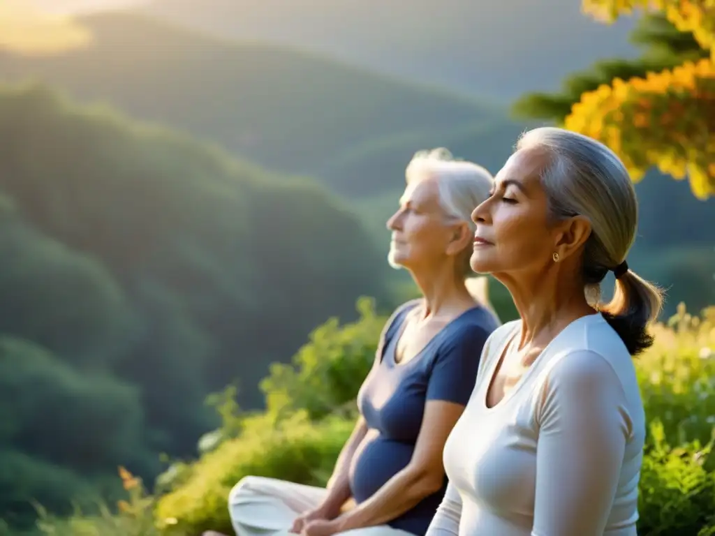 Grupo de adultos mayores disfrutando de los beneficios de la respiración en la tercera edad en un entorno natural sereno, con la suave luz dorada del atardecer