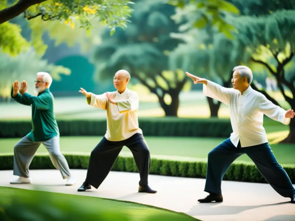 Grupo de adultos mayores practicando tai chi en un apacible jardín, rodeados de exuberante vegetación y suave luz solar