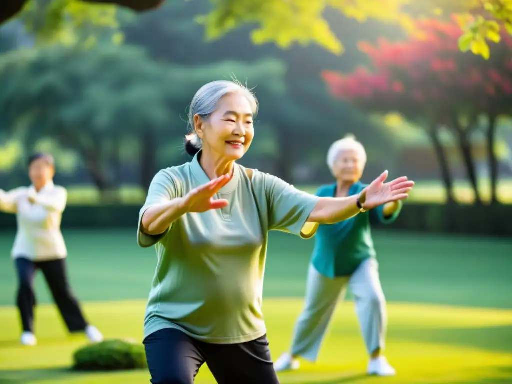 Un grupo de adultos mayores practicando tai chi en un parque sereno, bañados por la cálida luz matutina mientras disfrutan de la naturaleza