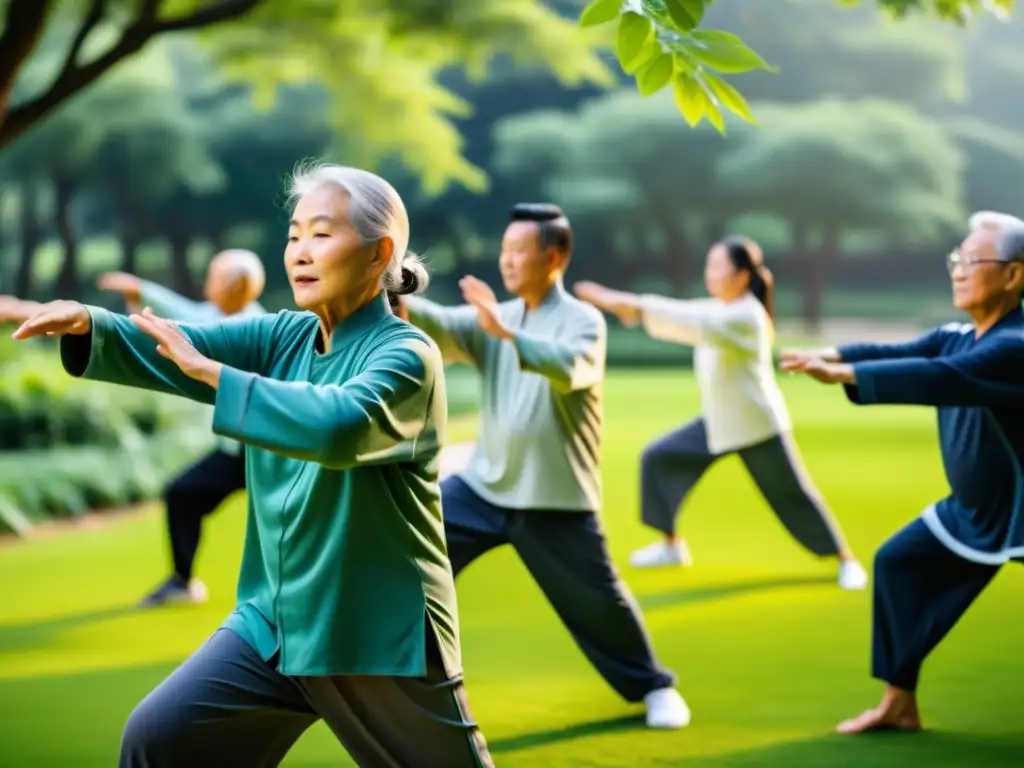 Grupo de adultos mayores practicando tai chi en un parque sereno, destacando la importancia de la oxigenación cerebral en la tercera edad