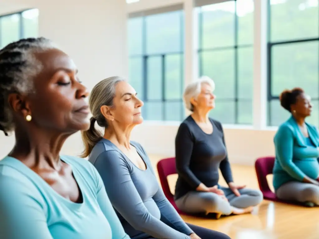 Grupo de adultos mayores en clase de ejercicios de respiración, concentrados y serenos en un estudio luminoso y acogedor