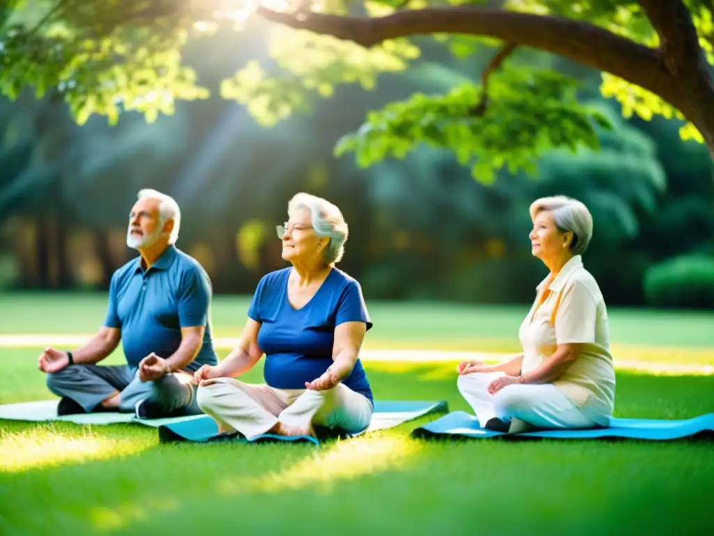 Grupo de adultos mayores practicando ejercicios respiratorios para prevenir neumonía en un entorno sereno al aire libre, irradiando calma y bienestar