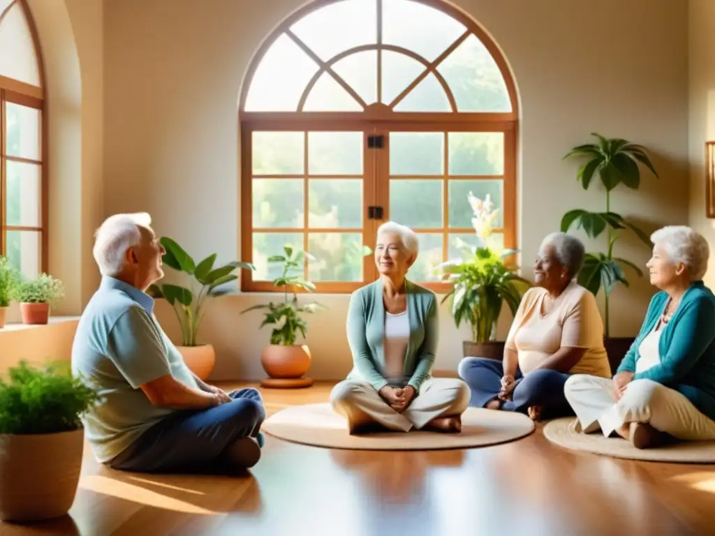 Un grupo de adultos mayores practican ejercicios de respiración en un salón tranquilo y soleado