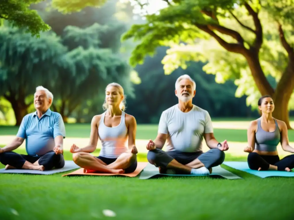 Un grupo de adultos mayores practica ejercicios de respiración profunda en un parque verde y frondoso, bajo la suave luz matutina