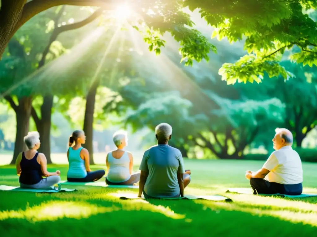 Grupo de adultos mayores haciendo ejercicios de respiración en un parque tranquilo y verde, promoviendo la salud pulmonar y la armonía