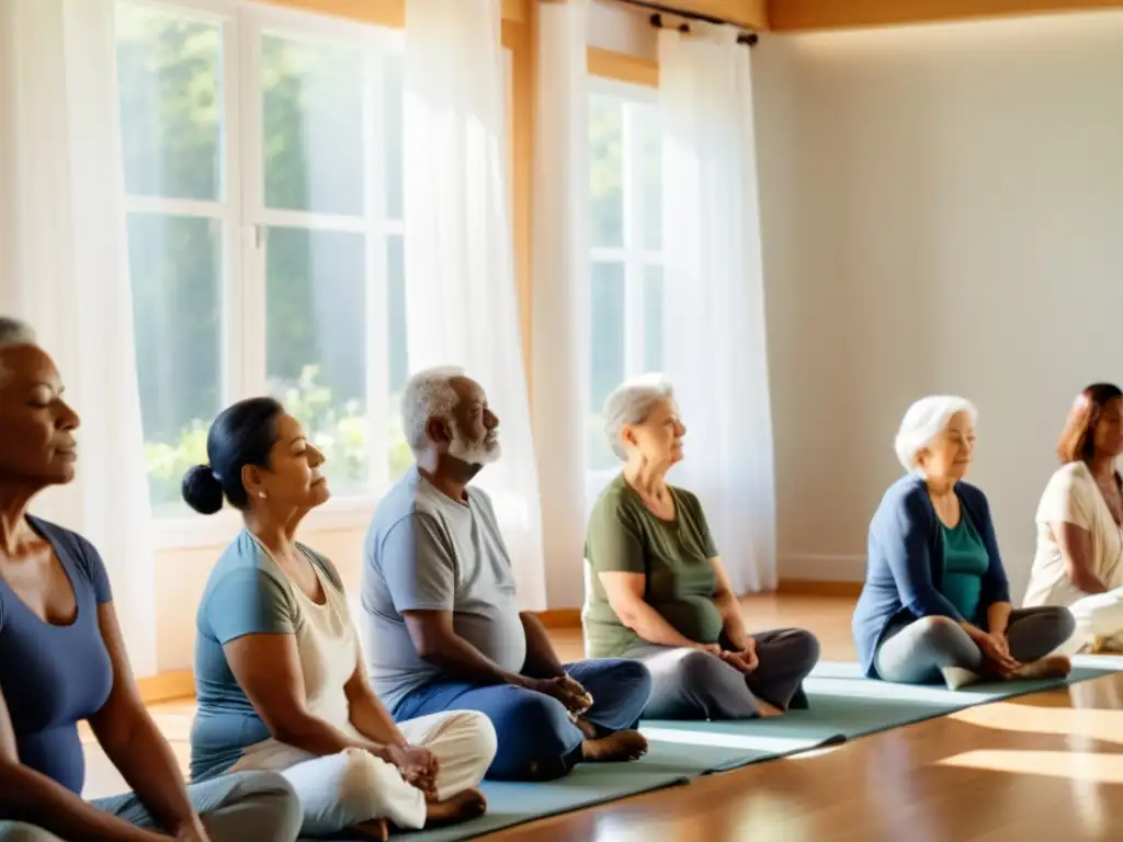 Grupo de adultos mayores practicando ejercicios de respiración consciente en un espacio sereno con luz natural