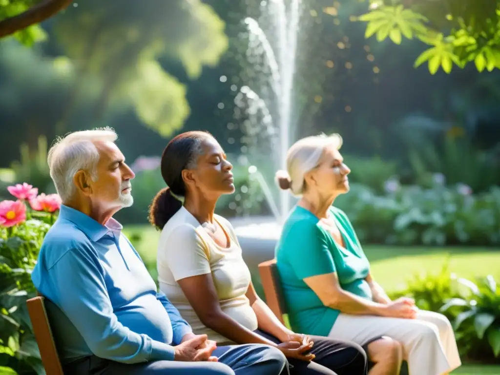 Grupo de adultos mayores practicando ejercicios de respiración en un jardín sereno, rodeados de naturaleza vibrante y una atmósfera contemplativa