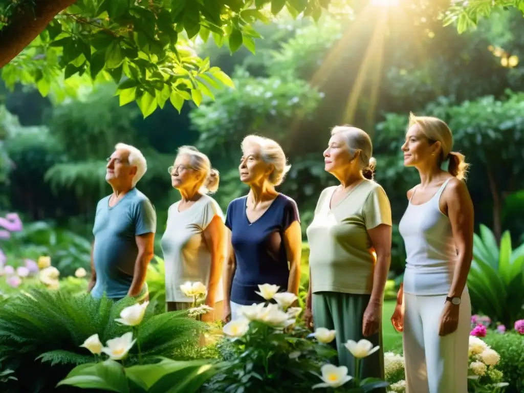 Grupo de adultos mayores practicando ejercicios de respiración profunda en un jardín tranquilo, iluminados por el sol dorado