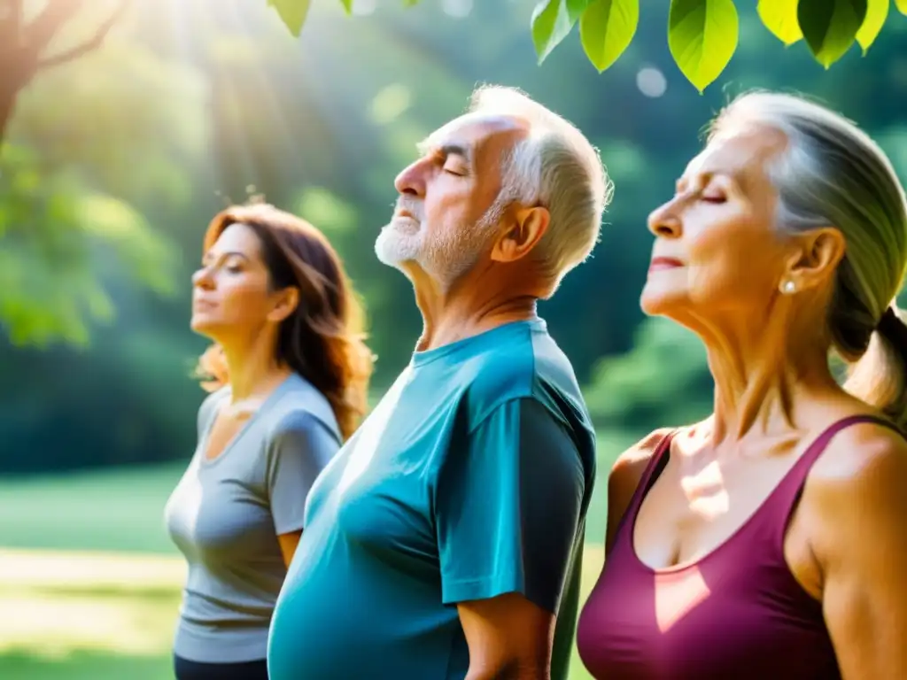 Un grupo de adultos mayores practicando ejercicios de respiración profunda en un entorno sereno al aire libre, con la luz del sol filtrándose entre los árboles y creando una atmósfera calmada