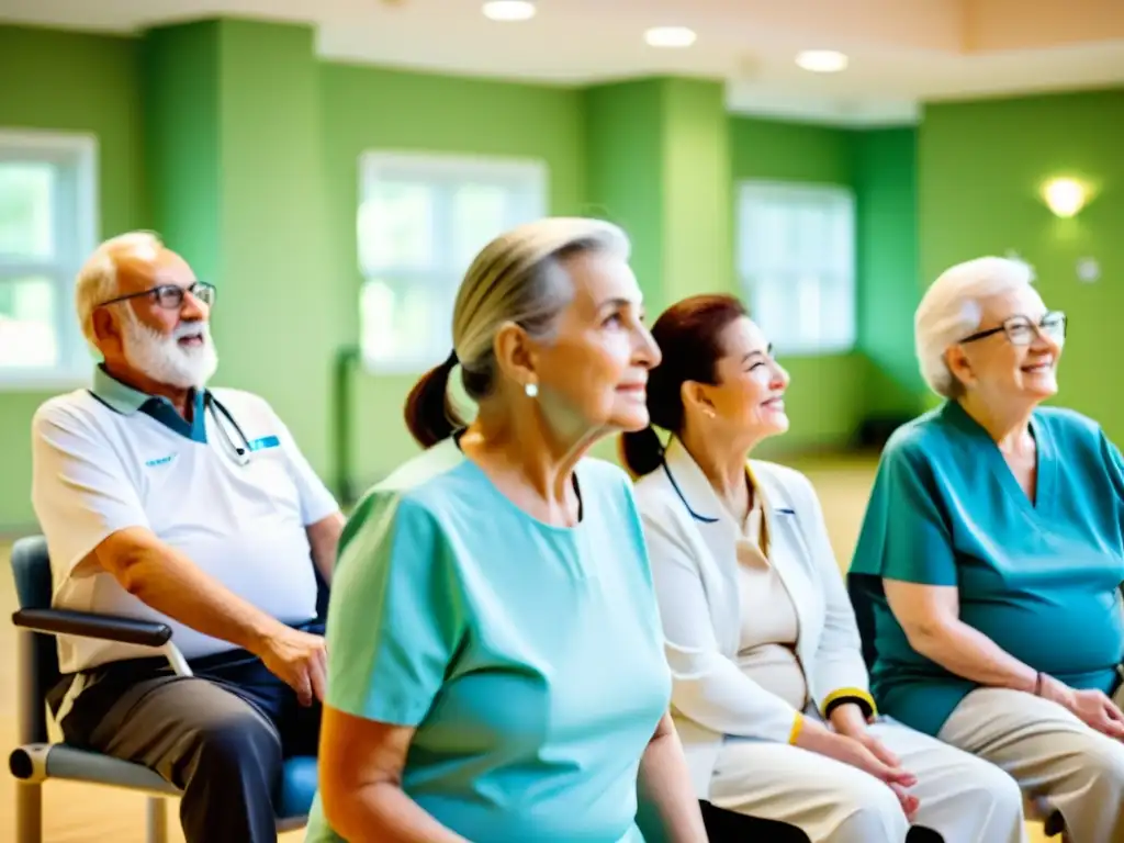 Grupo de adultos mayores participando en programa de rehabilitación respiratoria para fortalecimiento sistema respiratorio postCOVID en centro luminoso y moderno