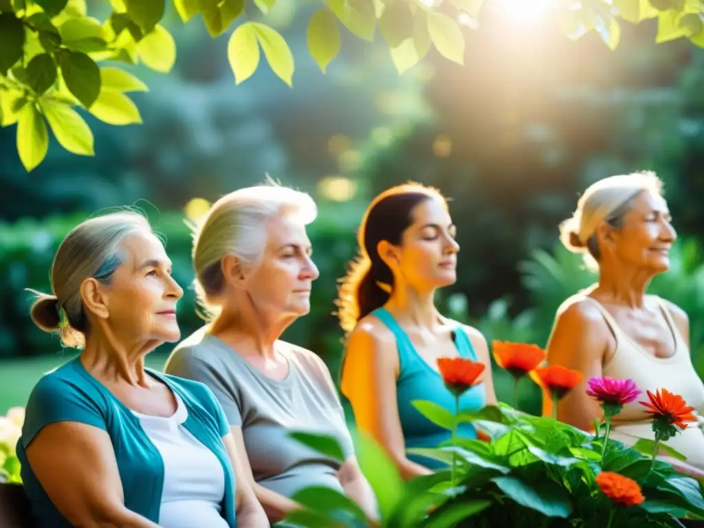 Grupo de adultos mayores practicando respiración diafragmática en un jardín sereno, transmitiendo calma y bienestar