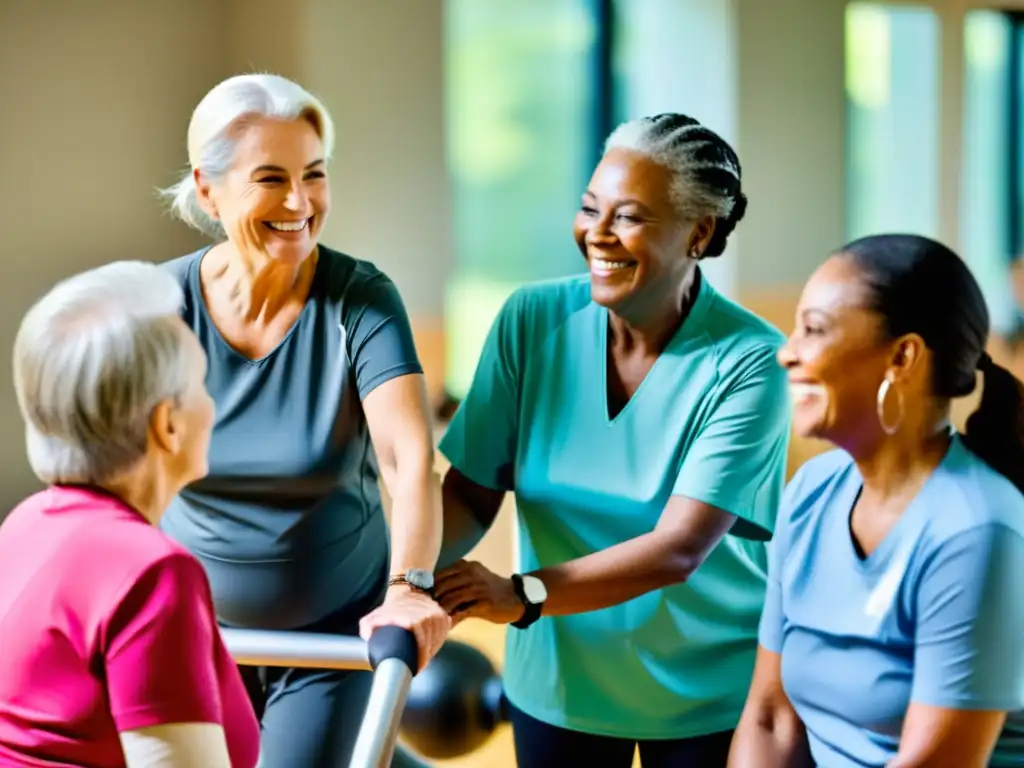 Un grupo de adultos mayores participa en una sesión de rehabilitación pulmonar con un ambiente positivo y esperanzador