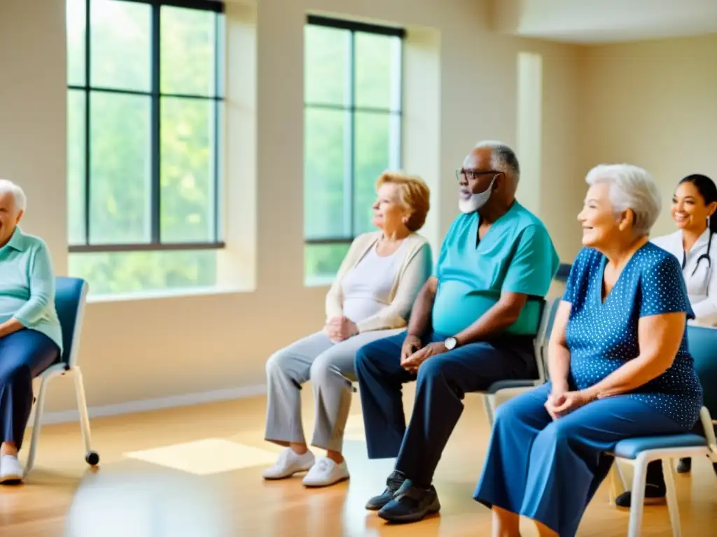 Grupo de adultos mayores participando en una sesión de terapia respiratoria en un centro de rehabilitación moderno y luminoso