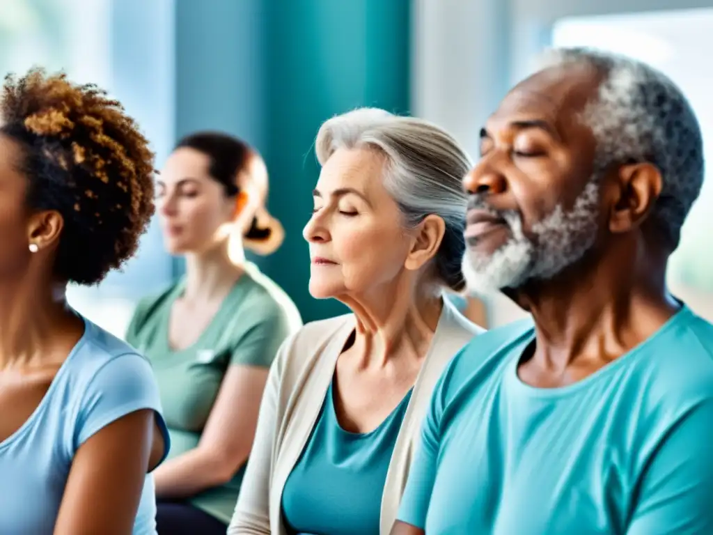 Un grupo de adultos mayores participa en una sesión de ejercicios respiratorios guiados por un terapeuta, creando una atmósfera serena y concentrada