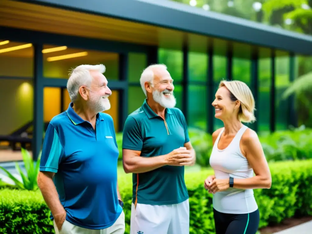 Grupo de adultos mayores sonrientes conversando afuera de un moderno centro de terapia de oxígeno hiperbárico, rodeados de exuberante vegetación y luz natural