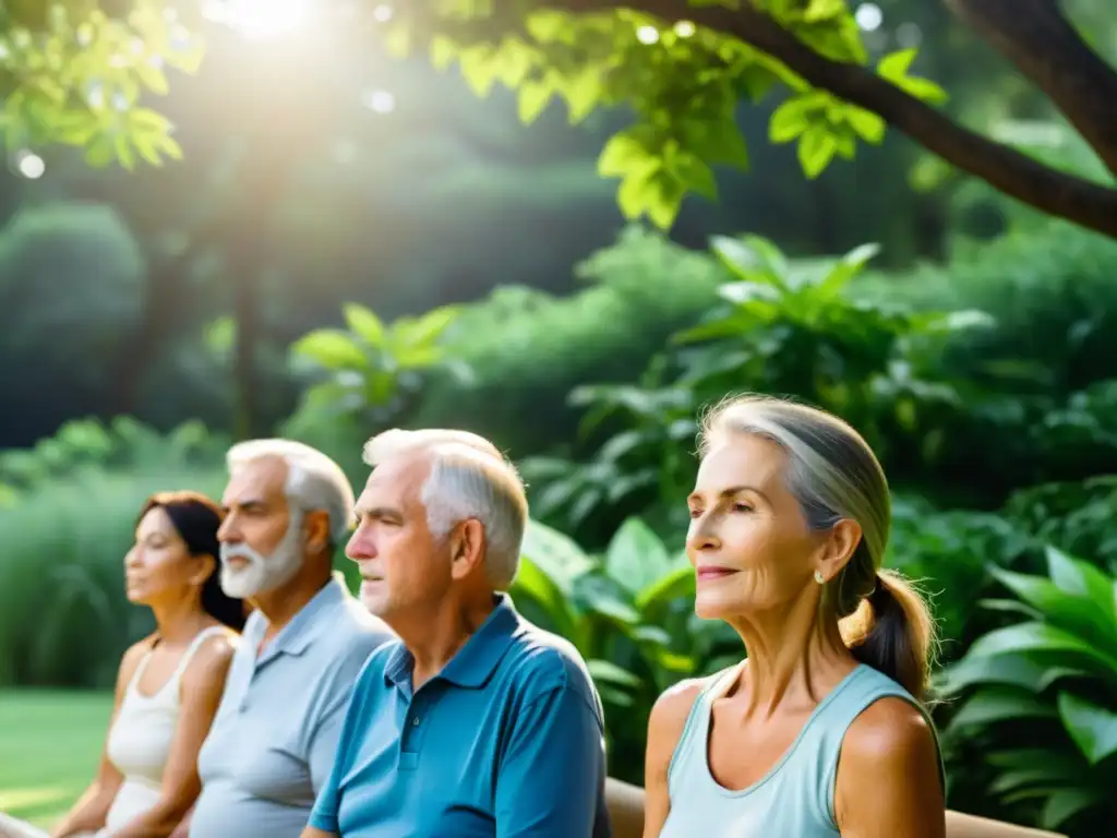 Un grupo de adultos mayores practica técnicas de respiración para rejuvenecer al aire libre, rodeados de naturaleza serena