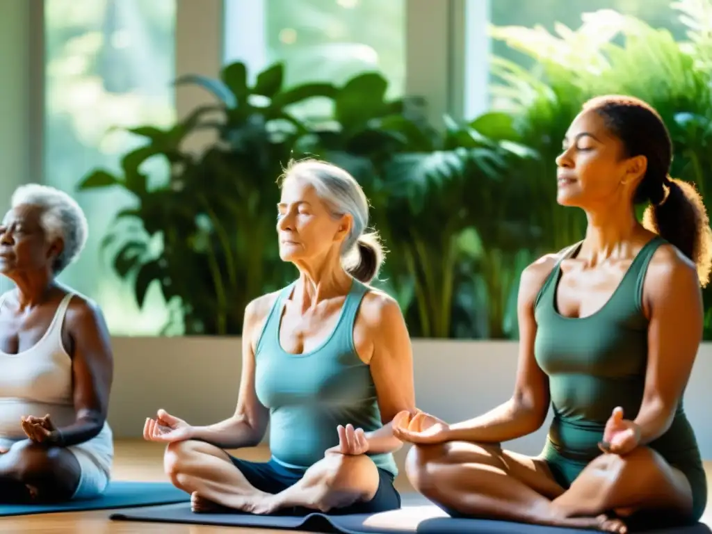 Un grupo de adultos mayores practica técnicas de respiración para rejuvenecer en un estudio soleado, rodeados de vegetación exuberante