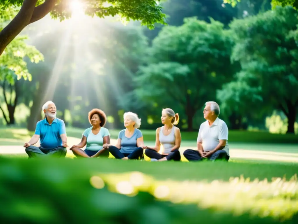 Grupo de adultos mayores practicando técnicas de respiración para fortalecer pulmones en un parque sereno, rodeados de naturaleza exuberante y luz solar