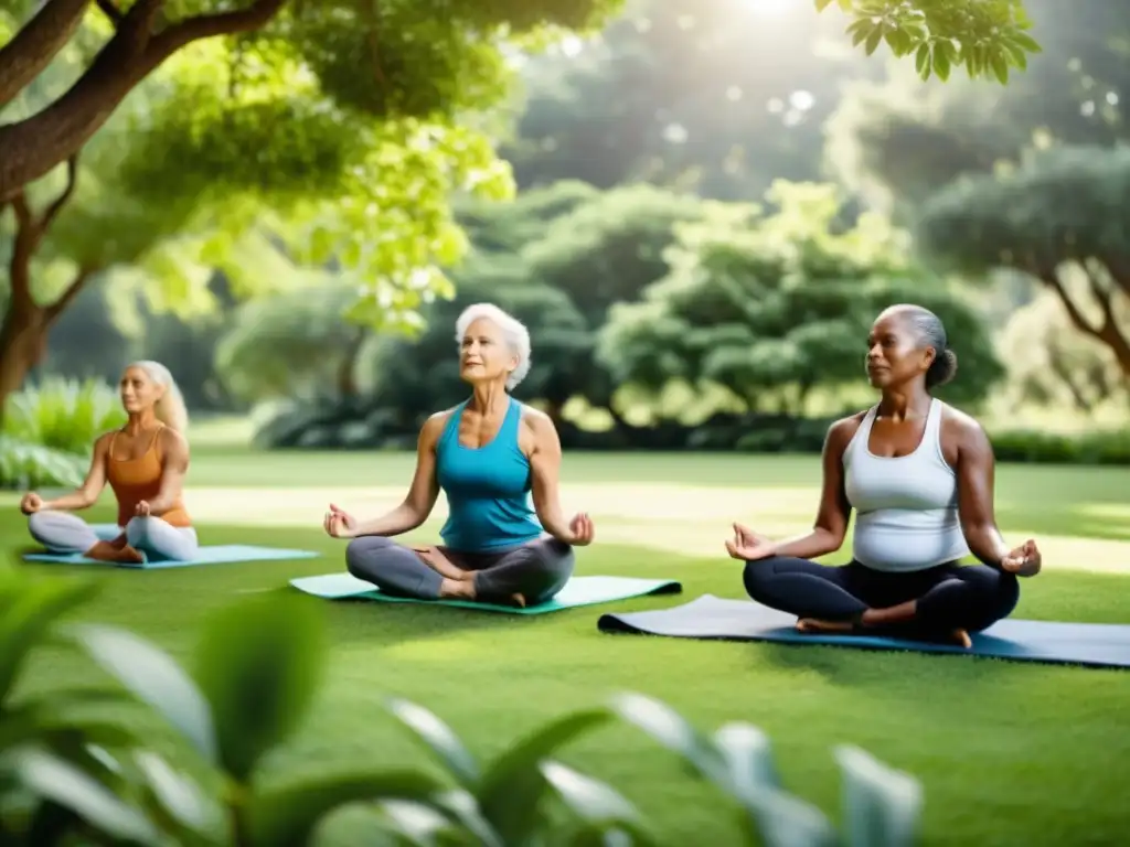 Grupo de adultos mayores practicando yoga al aire libre rodeados de vegetación, promoviendo la prevención del declive respiratorio con la edad