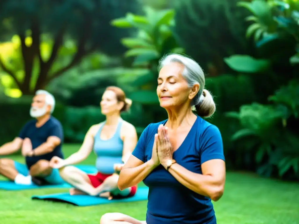 Grupo de adultos mayores practicando yoga al aire libre con técnicas de respiración yóguica adaptadas, rodeados de serenidad y naturaleza vibrante