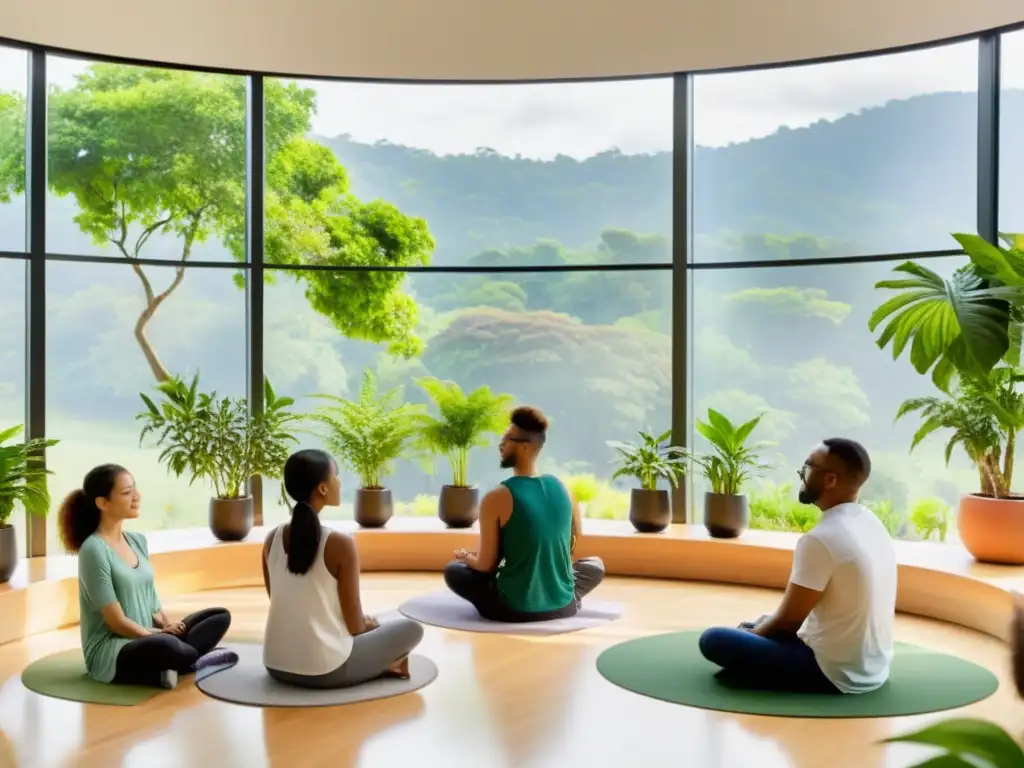 Un grupo de adultos practica técnicas de respiración en un aula tranquila con vista a la naturaleza