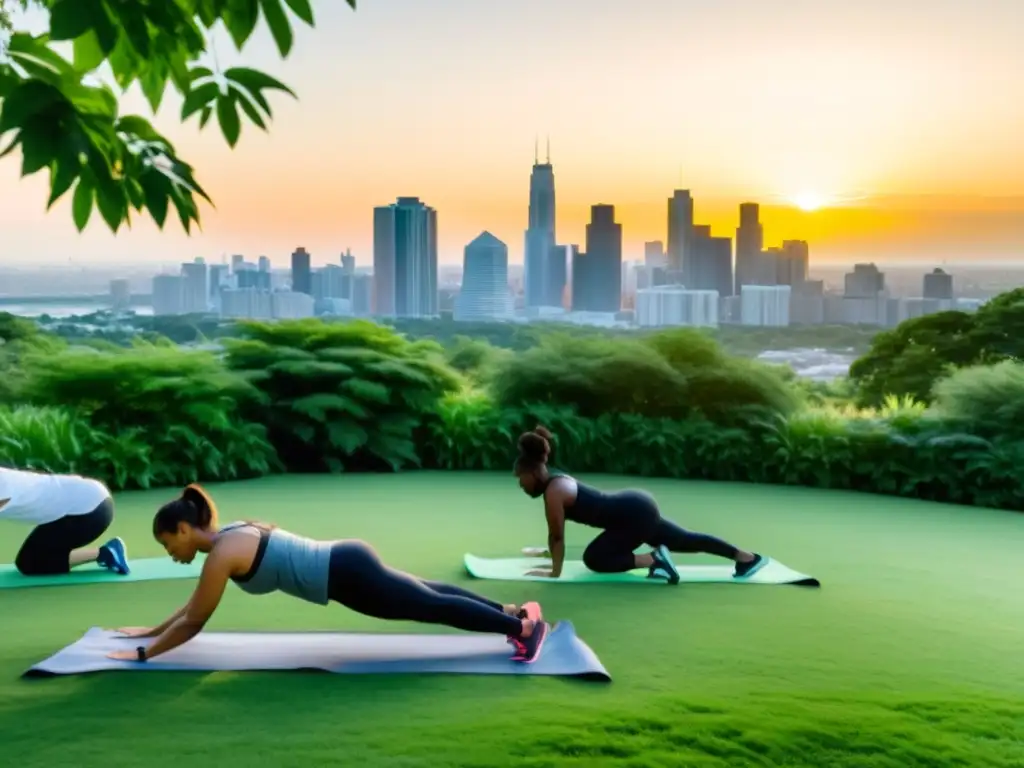 Grupo ejercitándose al aire libre en un parque urbano, con la ciudad al fondo