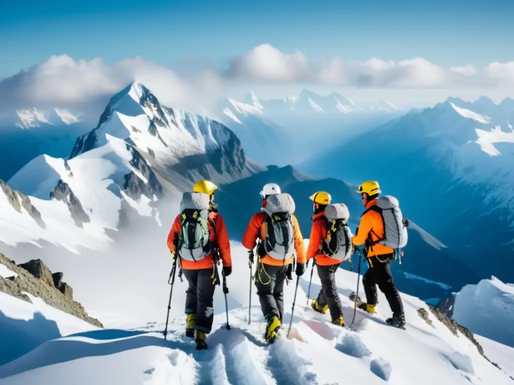 Desafío alpinista: equipo de respiración de alta tecnología en la cumbre Grupo de alpinistas con equipo de respiración en altitud, desafiando las cumbres nevadas