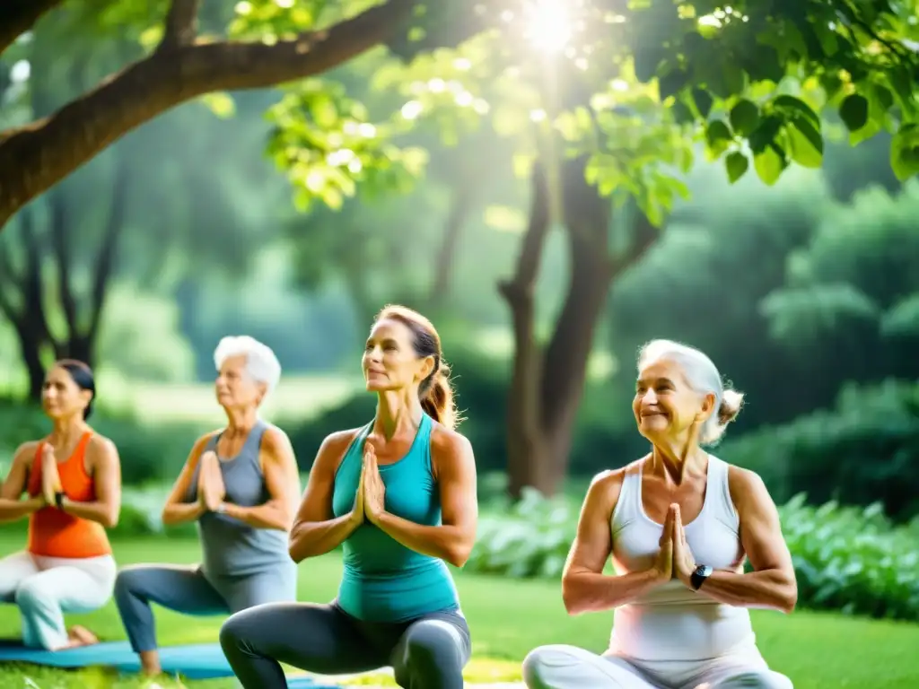 Un grupo de ancianos practica yoga al aire libre, rodeados de naturaleza