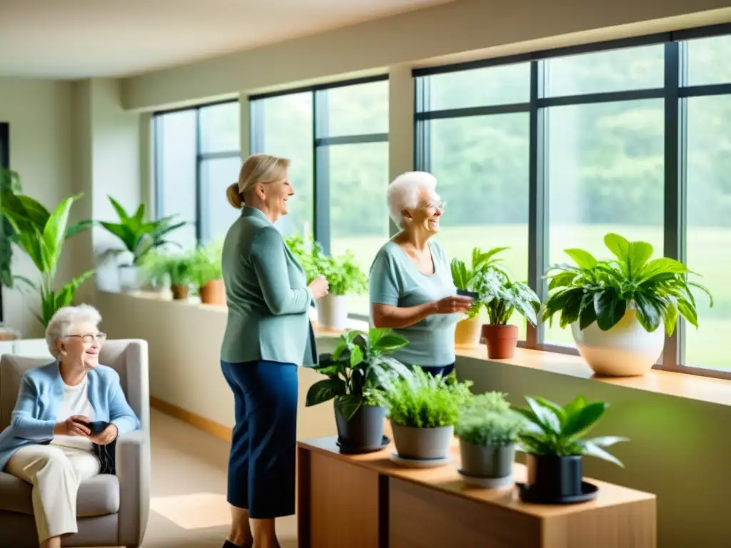 Un grupo de ancianos mejora la calidad del aire interior con ventilación, purificadores y plantas, creando un ambiente cálido y acogedor