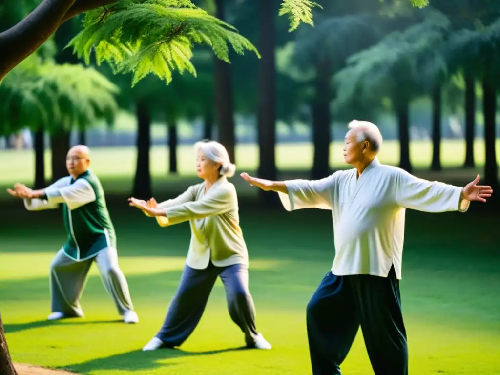 Grupo de ancianos practicando tai chi en un parque verde, disfrutando del sol matutino y respirando profundamente