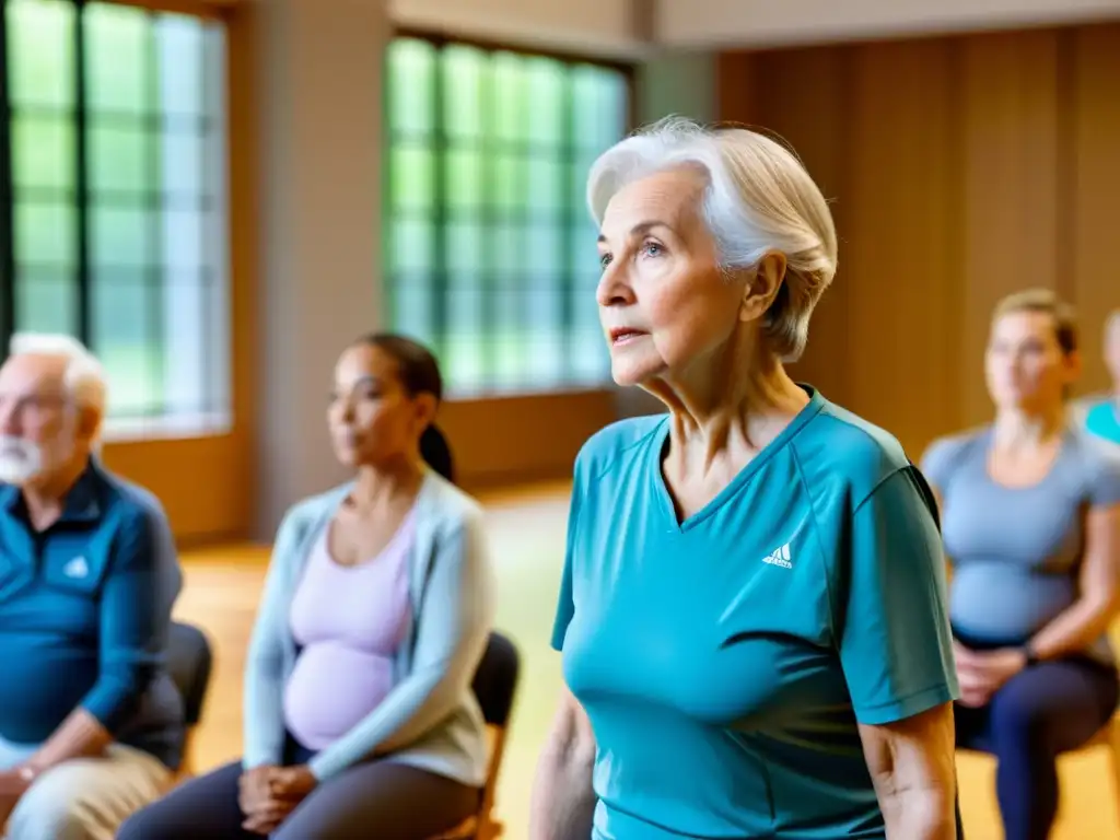 Un grupo de ancianos participa en una clase de ejercicios de respiración con un instructor, en un ambiente luminoso y acogedor