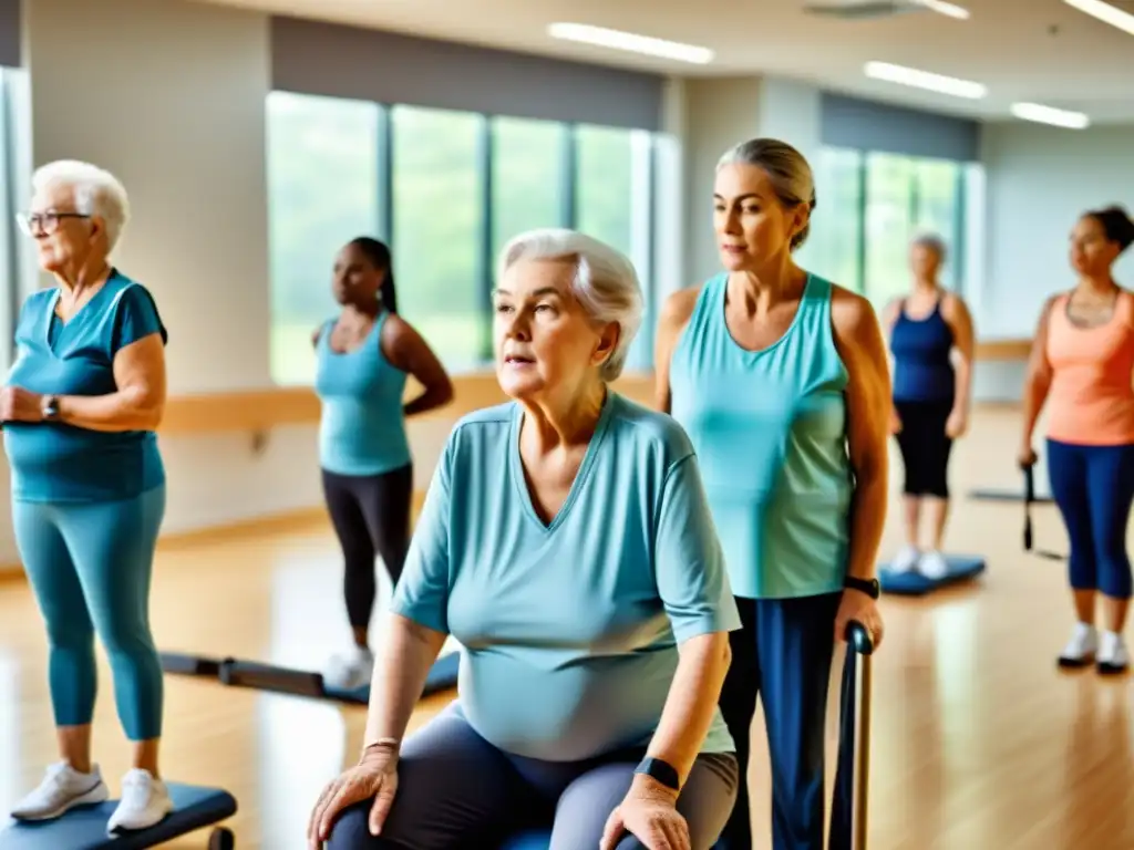 Grupo de ancianos en clase de rehabilitación pulmonar, ejercitándose con equipo moderno bajo supervisión médica