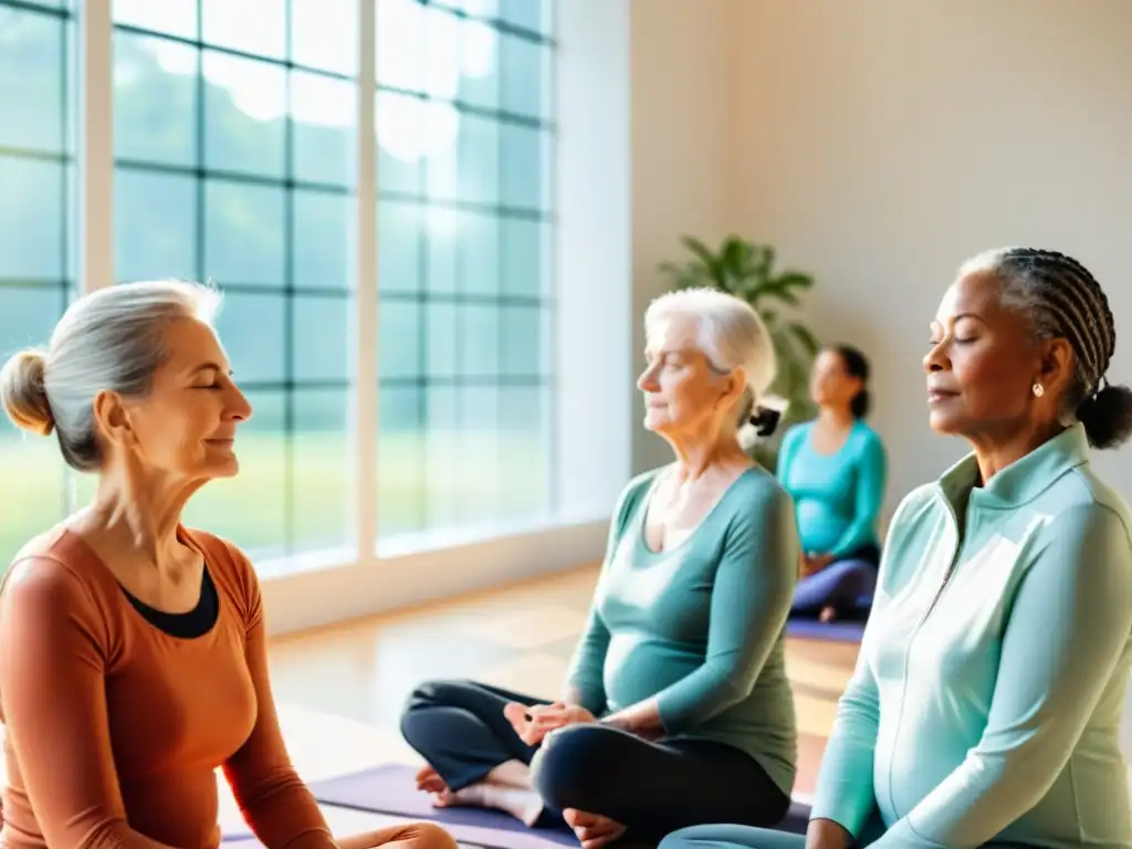 Un grupo de ancianos practica ejercicios de respiración mindfulness en una habitación luminosa, transmitiendo calma y vitalidad