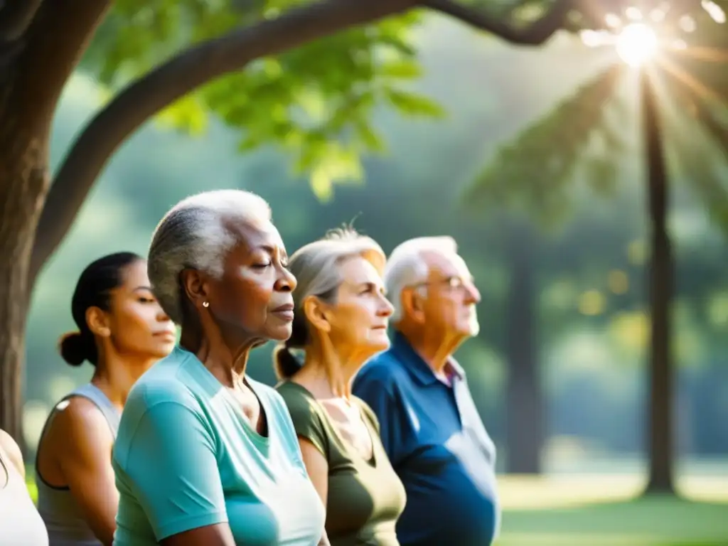 Grupo de ancianos practicando ejercicios de respiración en un parque tranquilo, transmitiendo calma y determinación