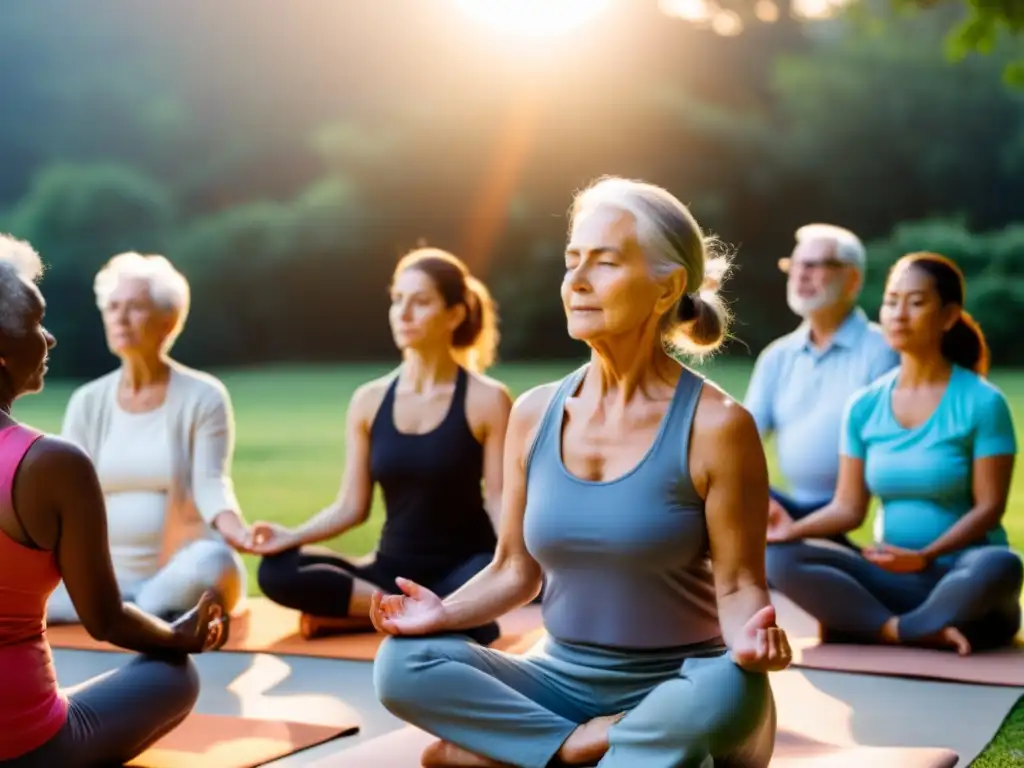 Un grupo de ancianos practicando ejercicios de respiración al aire libre al atardecer con un instructor de yoga