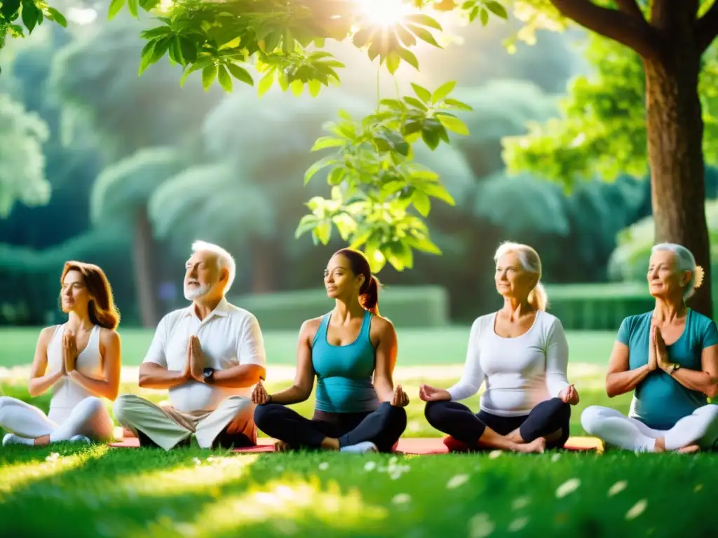 Grupo de ancianos practicando ejercicios de respiración en un hermoso parque, rodeados de naturaleza