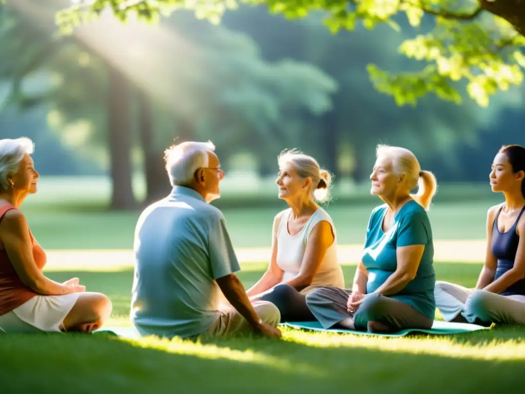 Un grupo de ancianos practica ejercicios de respiración al aire libre en un entorno sereno y armonioso