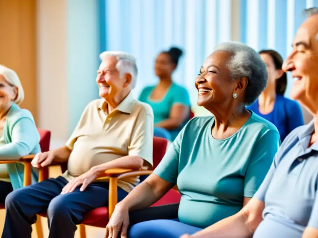 Un grupo de ancianos realiza ejercicios de respiración en un centro comunitario, guiados por un instructor sonriente