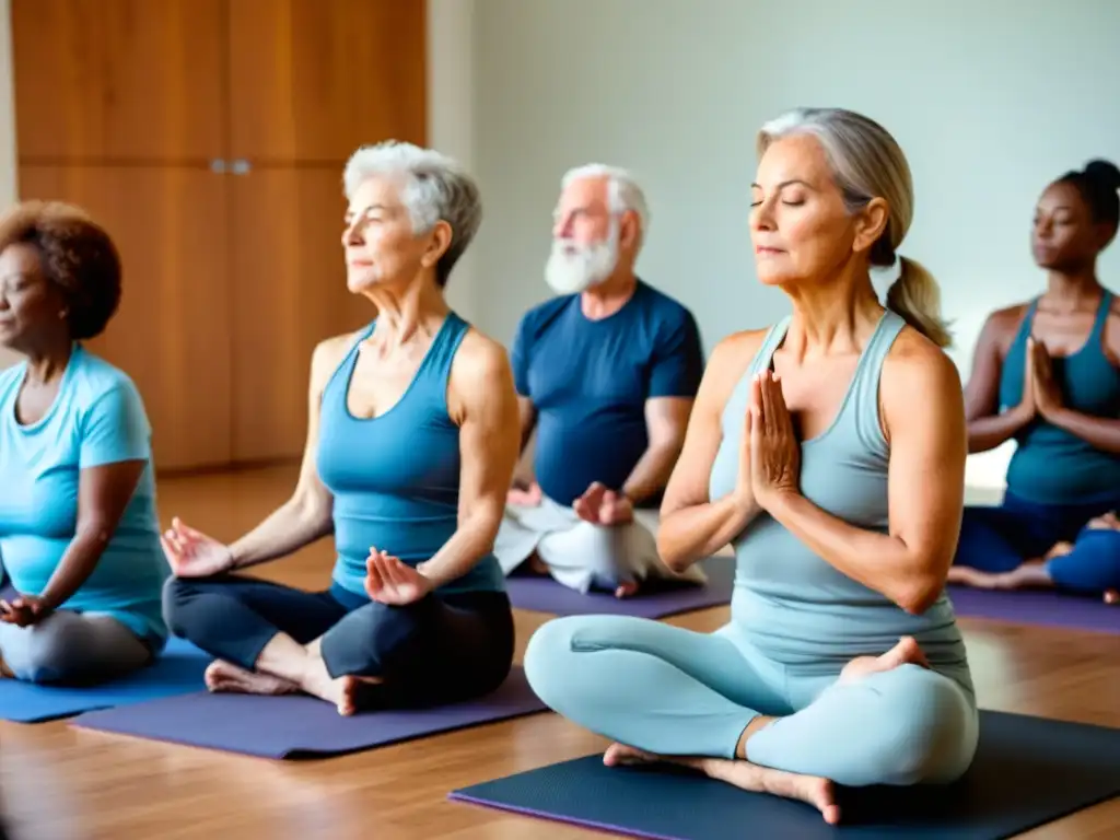 Grupo de ancianos en meditación guiada por instructor de yoga en ambiente tranquilo con luz natural