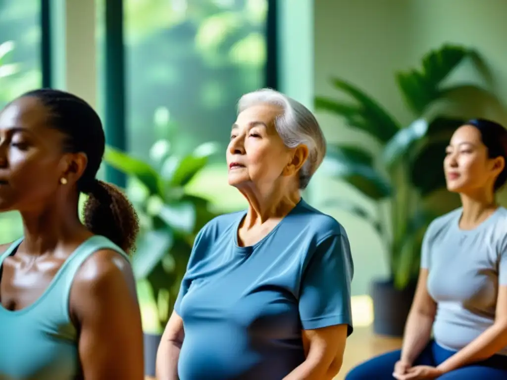 Grupo de ancianos practicando métodos respiratorios en un entorno natural y relajante, enfocados en su salud respiratoria