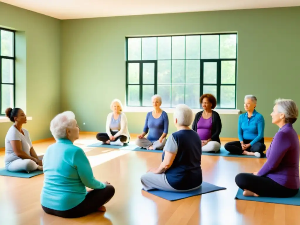 Un grupo de ancianos participando en un programa de respiración en un espacio luminoso y tranquilo