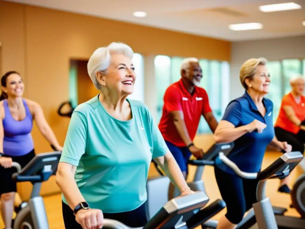 Grupo de ancianos participando en rehabilitación pulmonar en un gimnasio luminoso y moderno, mostrando determinación y enfoque en sus rostros