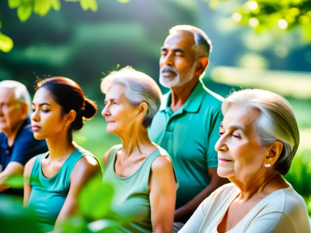 'Grupo de ancianos participando en una relajante sesión de respiración guiada al aire libre, rodeados de exuberante vegetación y luz solar