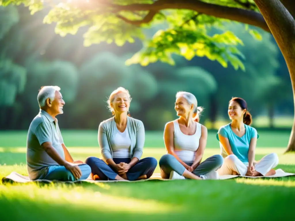 Grupo de ancianos practicando respiración consciente en un campo, irradiando serenidad y bienestar en su entorno natural