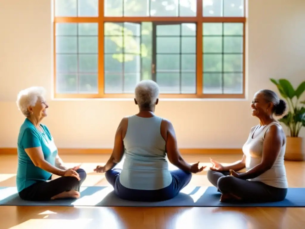 Grupo de ancianos practicando respiración guiada en un luminoso salón, creando una atmósfera de paz y bienestar