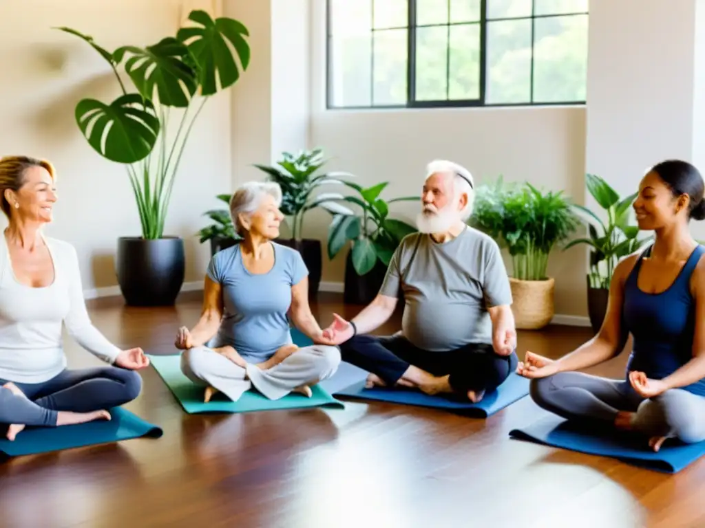 Un grupo de ancianos practica rutinas de respiración en un ambiente sereno y lleno de energía, guiados por un instructor comprensivo